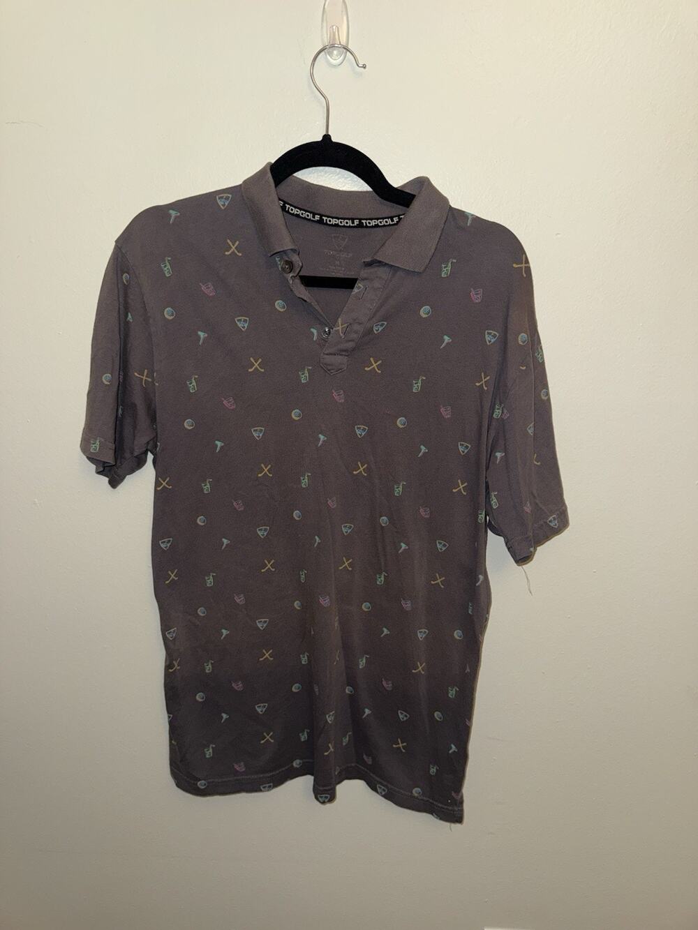 Top Golf Polo Shirt Medium Gray All Over Print Golf Drinks Clubs